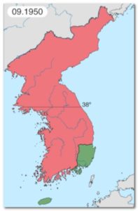 1950年6月~9月までは、中朝軍が、南端の釜山近くまで侵攻した地図
